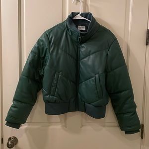 Green vegan leather puffer jacket. M size.